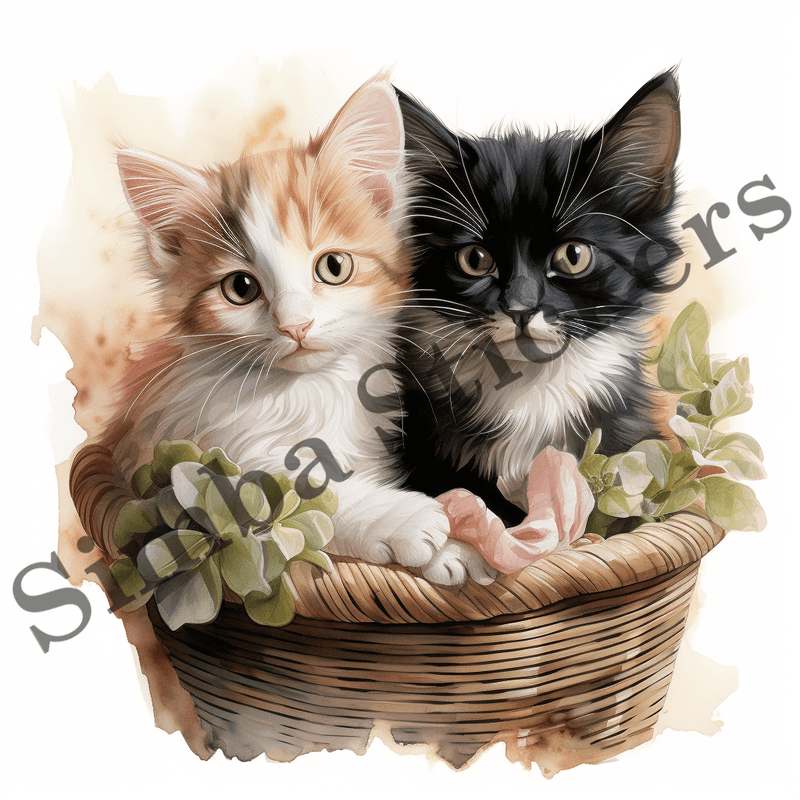 Japanese Bobtail cats cuddling in basket, image set, 10 images