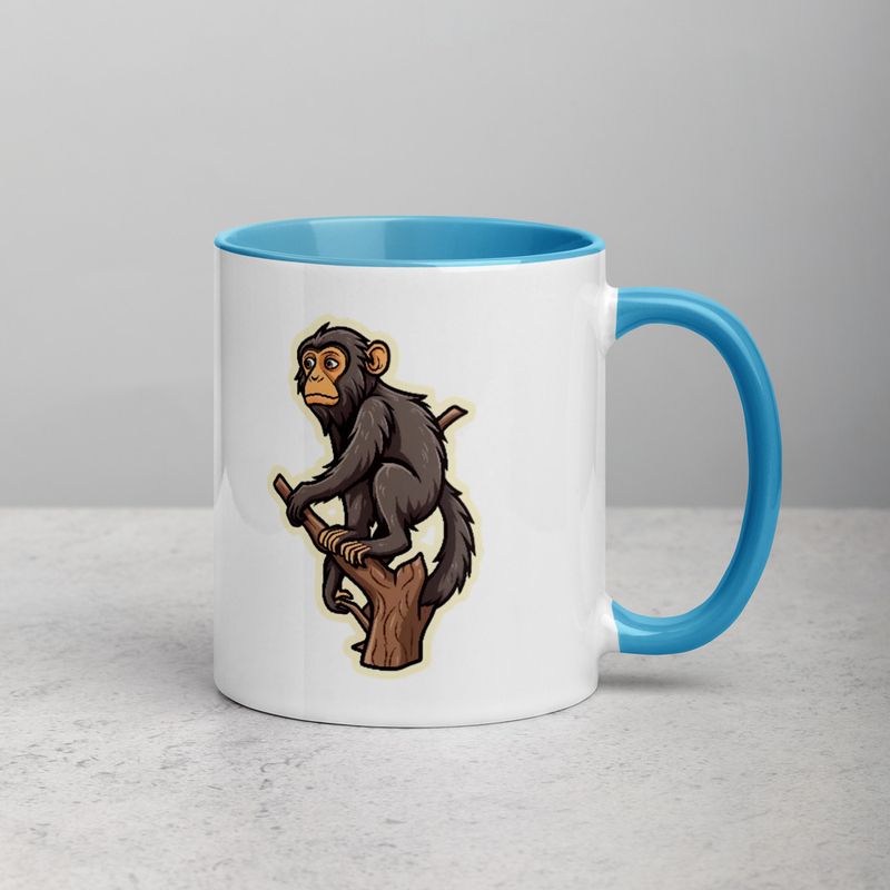 White Ceramic Mug with Color Inside, 11oz &amp; 15oz, Baboon on a tree, looking sad, head-to-head