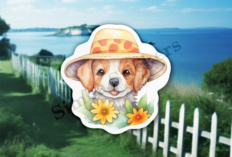 Dog in a hat, with flowers