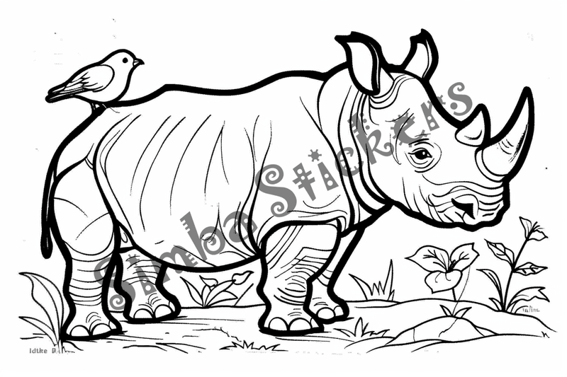 Colouring pages, bundle of rhinos with birds on back, 10 images