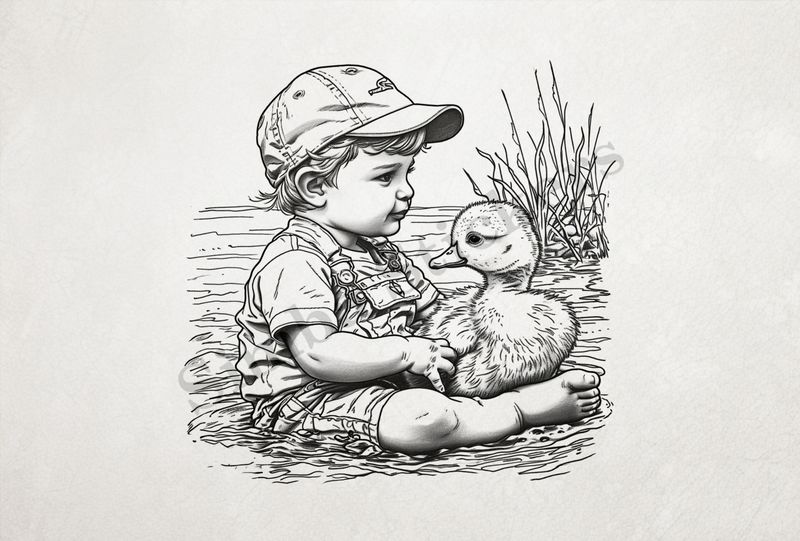 Duck embraced by small boy wearing a cap, outline art