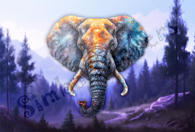 Elephant front, intensely vibrant watercolour