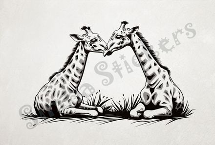 Giraffes nose-to-nose sitting in the Savanna, outline art