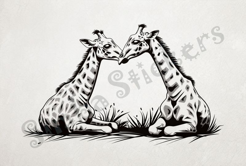 Giraffes nose-to-nose sitting in the Savanna, outline art