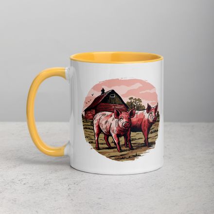 White Ceramic Mug with Color Inside, 11oz &amp; 15oz, Two pigs on a farm 