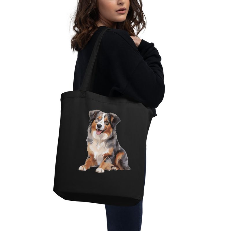 Eco Tote Bag, Australian Shepherd dog sitting with tongue out, multiple colours
