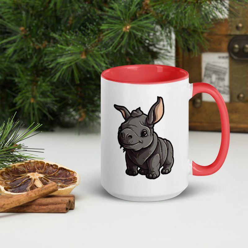 White Ceramic Mug with Color Inside, 11oz &amp; 15oz, Black rhino calf looking cute 