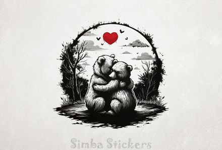 Bears in loving embrace with Valentine heart above, outline art, tnjxjy
