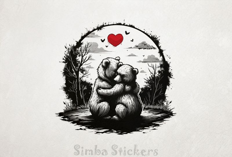 Bears in loving embrace with Valentine heart above, outline art, tnjxjy