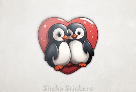 Penguins cheek-to-cheek smiling with glossy Valentine&#x27;s heart, 7r47dp