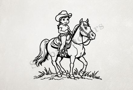 Horse carrying a small girl in a cowgirl hat, outline art