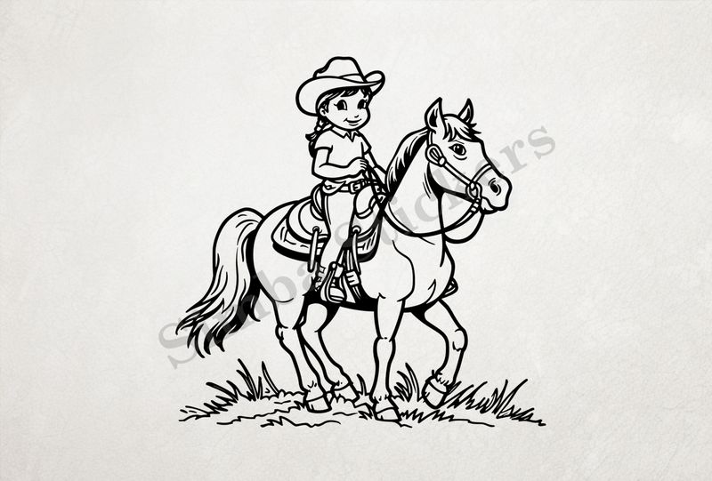 Horse carrying a small girl in a cowgirl hat, outline art