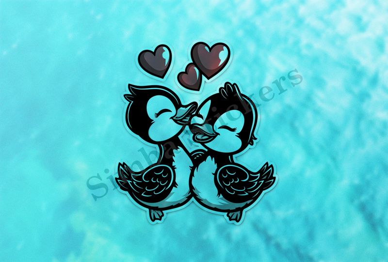 Ducklings in love, romantic hearts above them, outline art