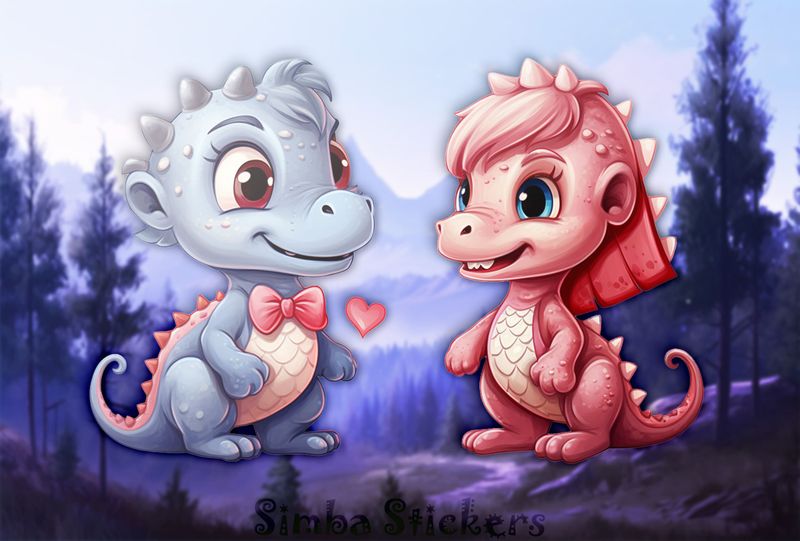 Blue and pink baby dinosaurs in love