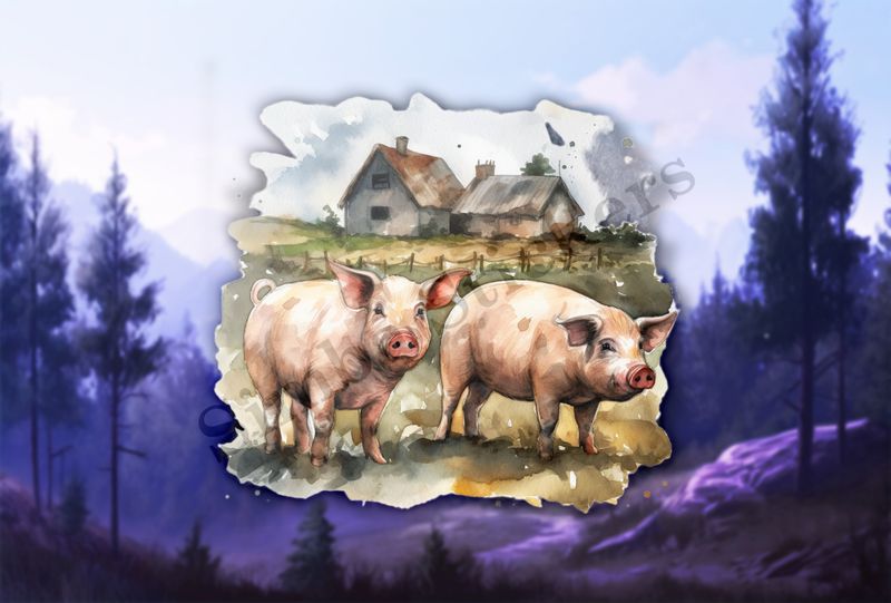 Two pigs on a farm, watercolour