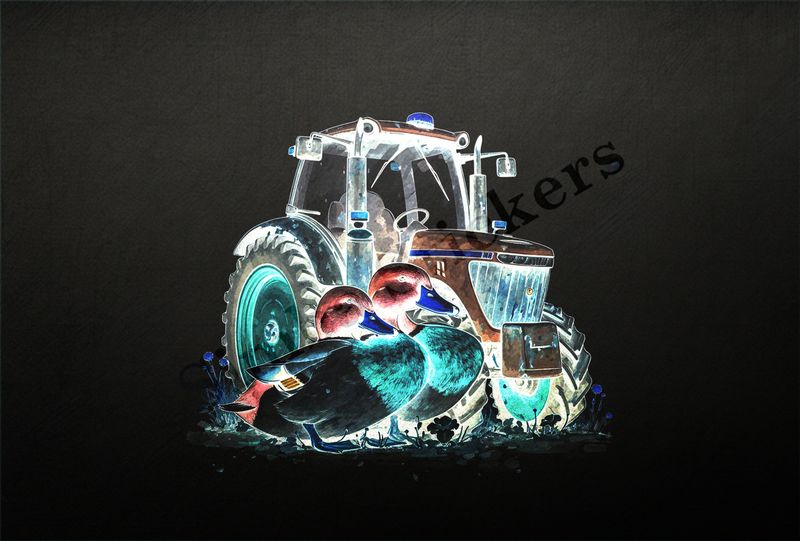 Ducks cuddling in front of farmer&#x27;s tractor