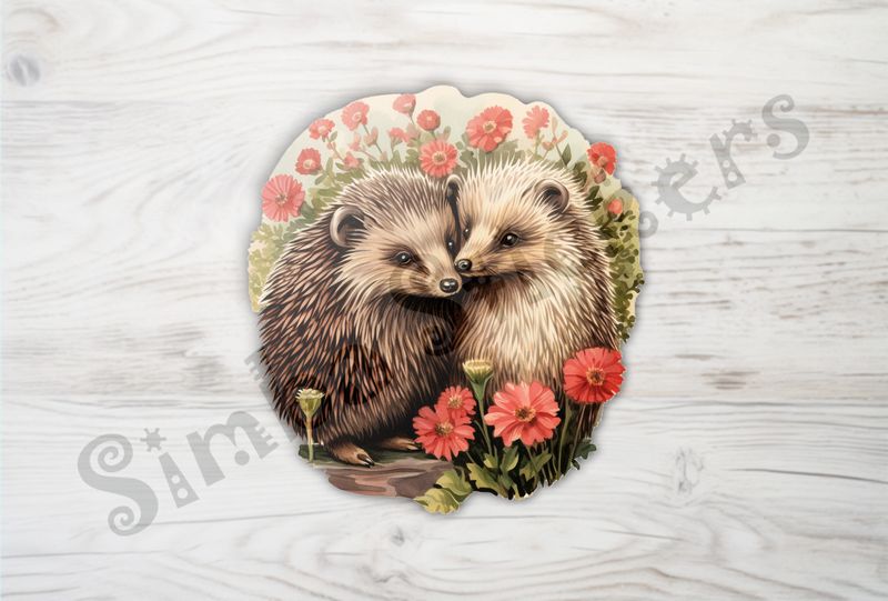 Porcupines in love cheek-to-cheek in love with flowers all around, watercolour