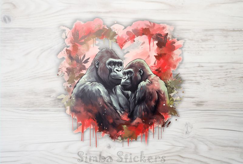 Gorillas in love in Valentine&#x27;s heart-shaped vegetation, watercolour, qqdsk0