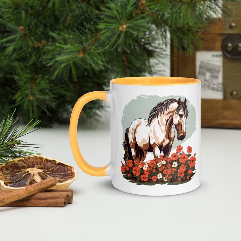 White Ceramic Mug with Color Inside, 11&amp;15oz, Brown horse in field of red flowers, n4w2fj