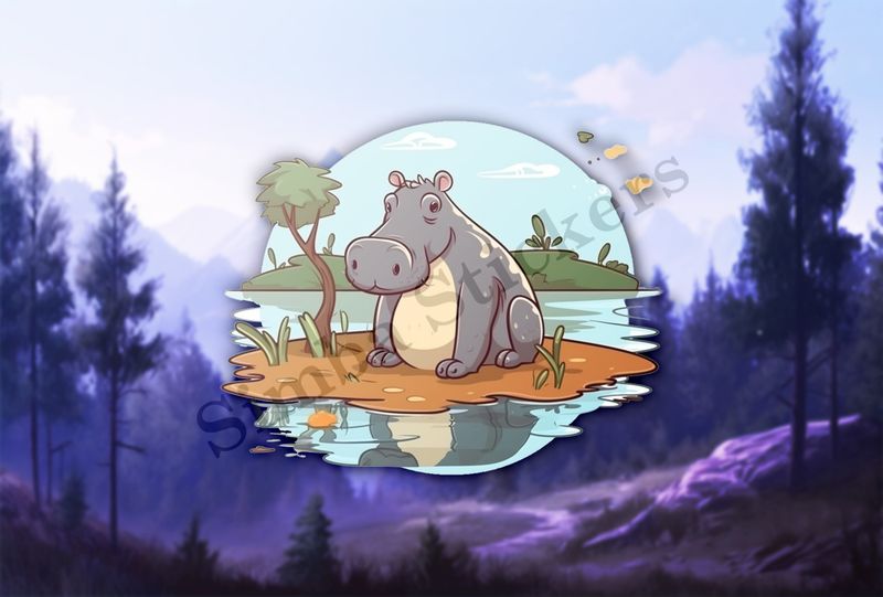 Cute hippo on an island in a pond