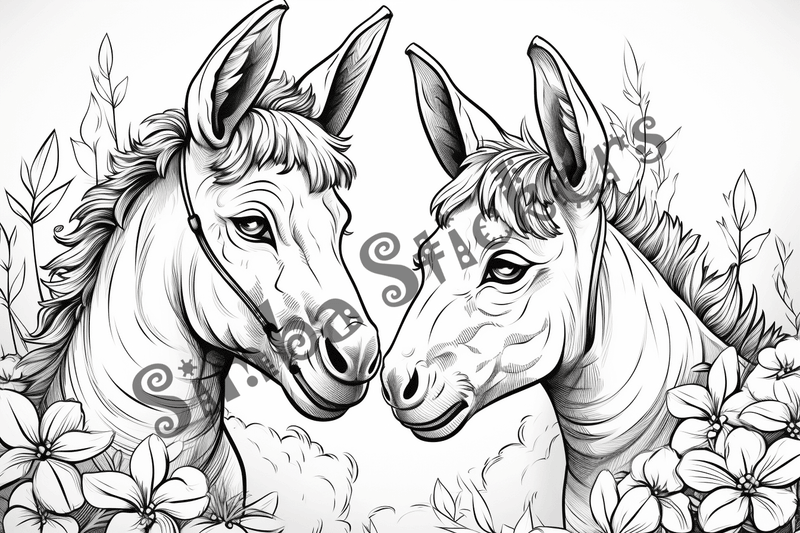 Colouring pages, bundle of donkeys in love, 10 images
