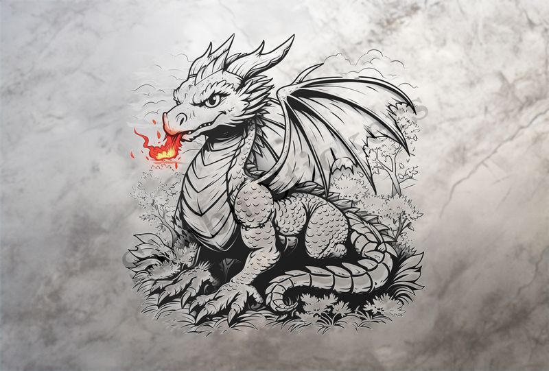 Dragon breathing fire, bushy background, outline art