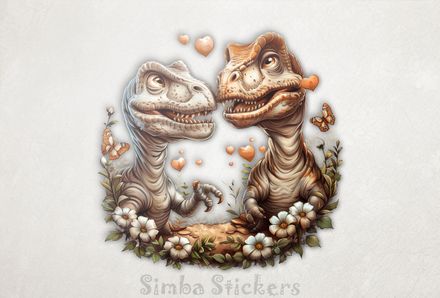 Dinosaurs in love, butterfly flying, flowery foreground, watercolour
