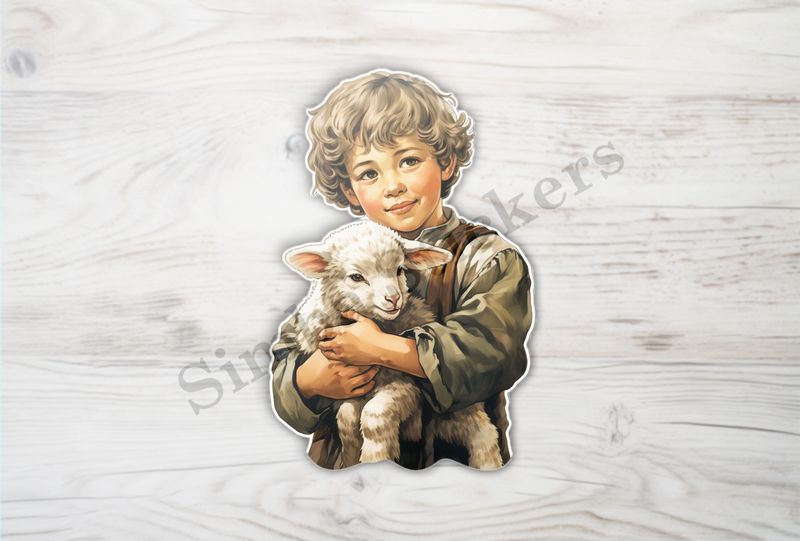 Lamb hugged by boy , vintage