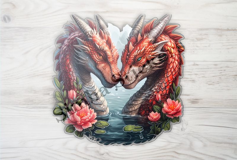 Red dragons in love, in the water