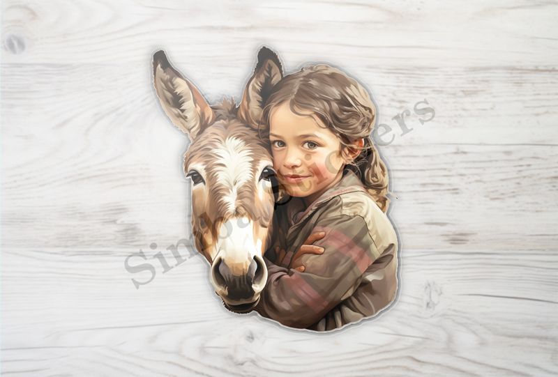 Donkey hugged by small child of European origin