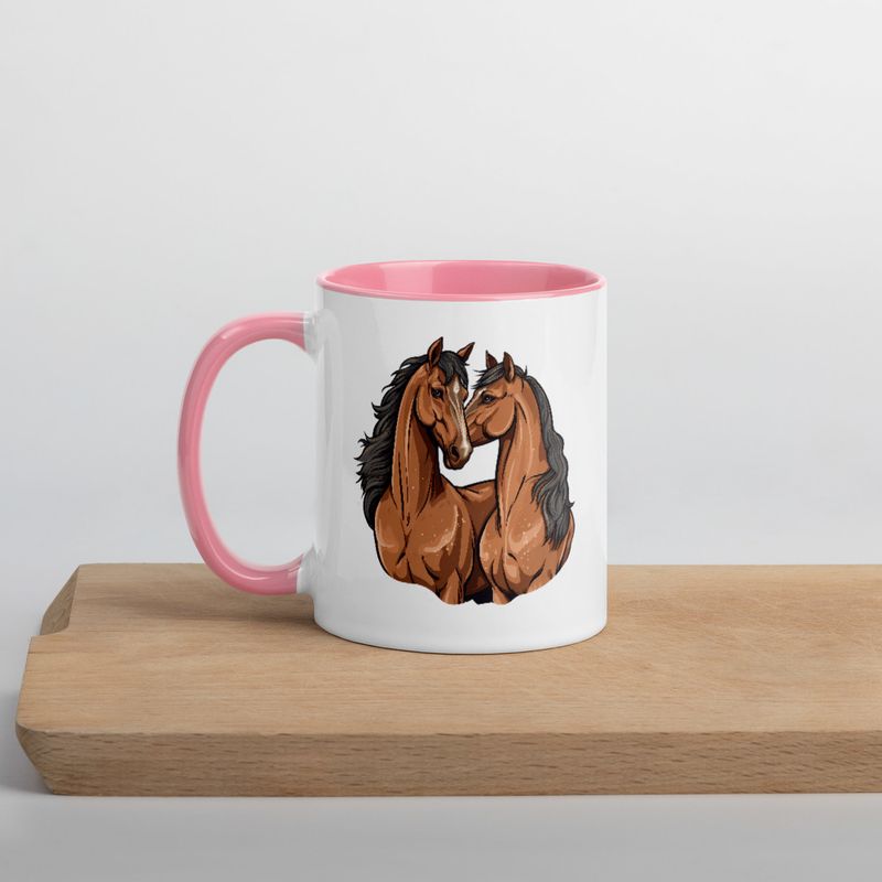 White Ceramic Mug with Color Inside, 11&amp;15oz, Two brown horses snuggling, tdwcyd