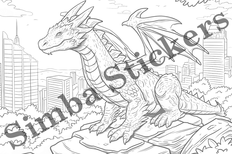 Colouring pages, bundle of dragons in cityscape, 10 images