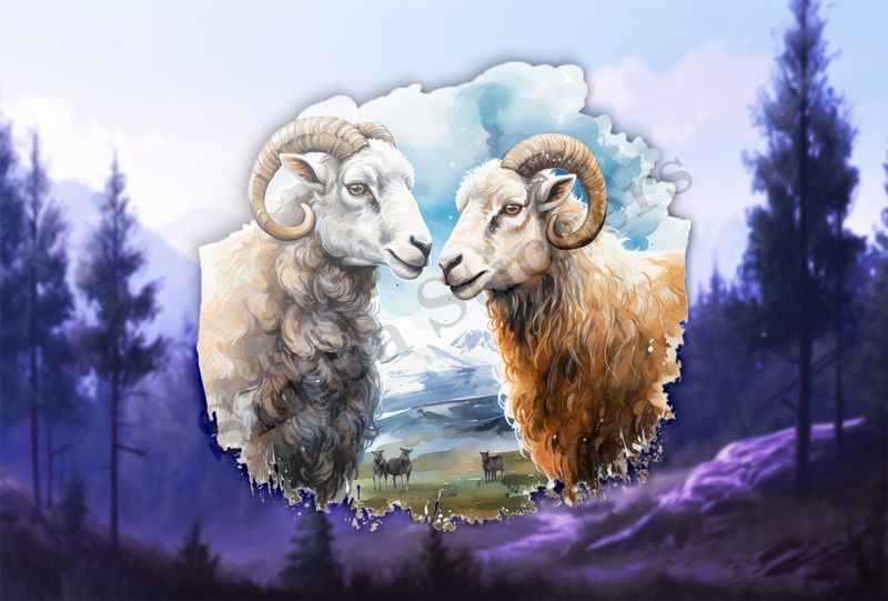 Sheep ewe and ram in love, mountaneous background, watercolour