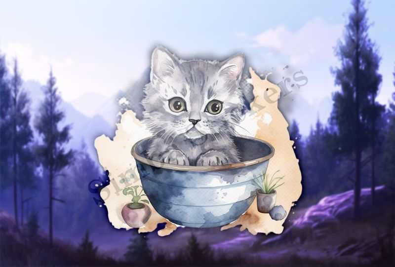Kitten cat in bowl, watercolour