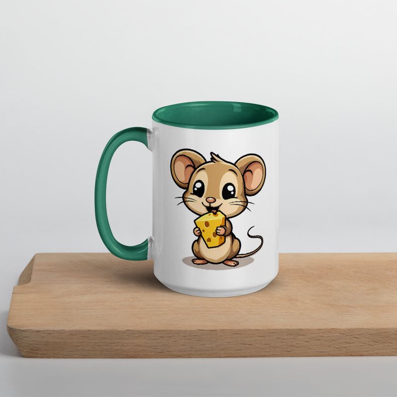 White Ceramic Mug with Color Inside,11&amp;15oz,Small Mouse happily licking large chunk of cheese,pqapy6