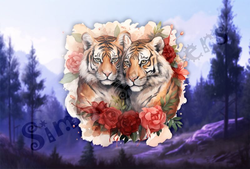 Tigers in love in rose flowers, watercolour