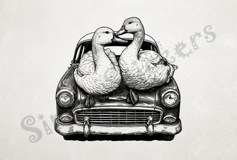 Ducklings cuddling romantically on hood of car, outline art