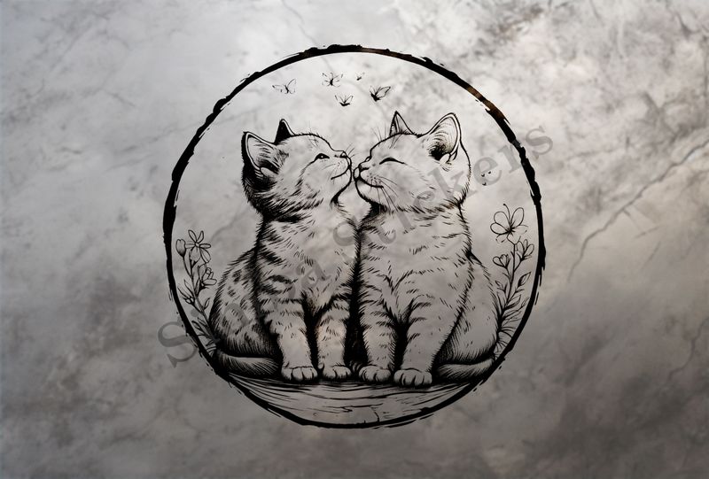 Cat kittens in love, in circle, outline art