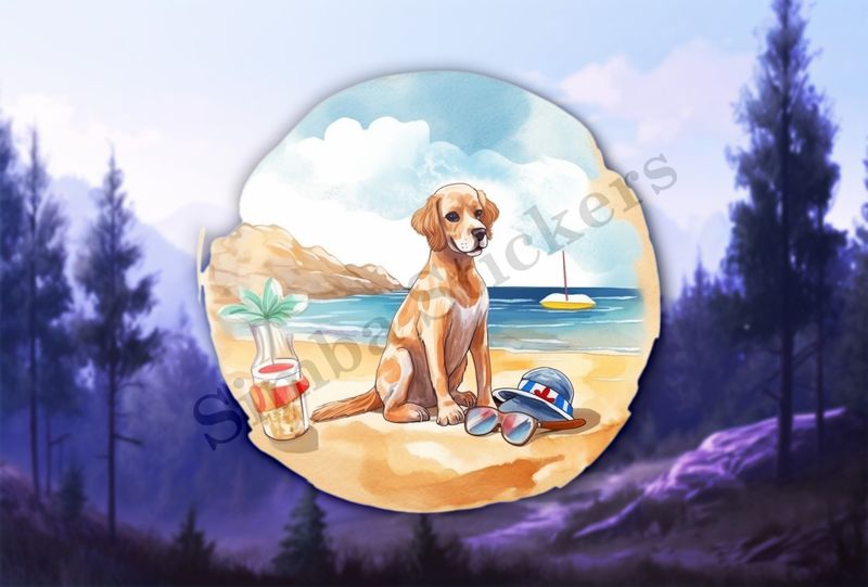 Dog at the beach, next to hat, watercolour