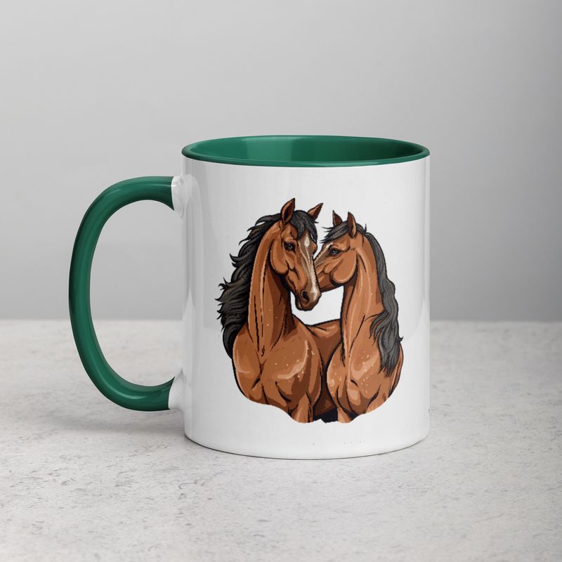 White Ceramic Mug with Color Inside, 11&amp;15oz, Two brown horses snuggling, tdwcyd