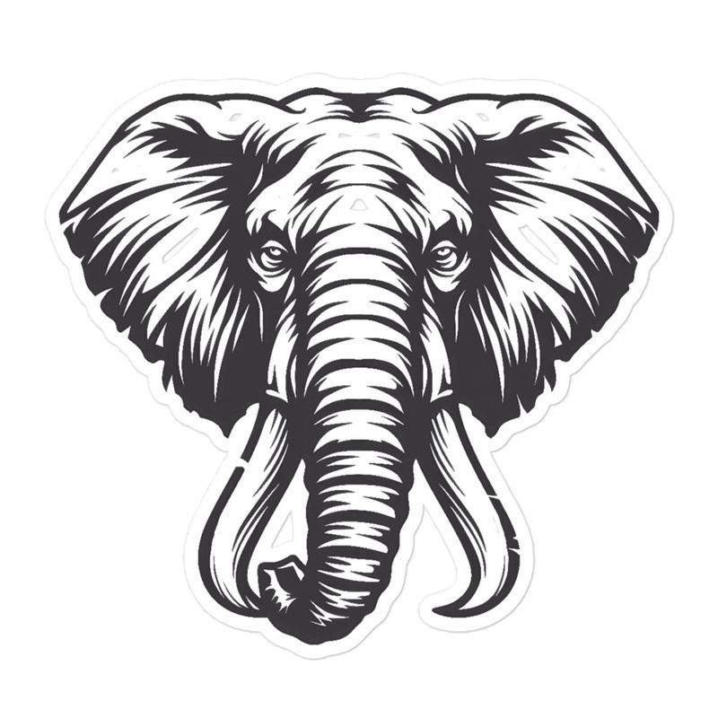 Sticker 5.5x5.5, Elephant, face with large trunk and tusks, outline art, mirrored