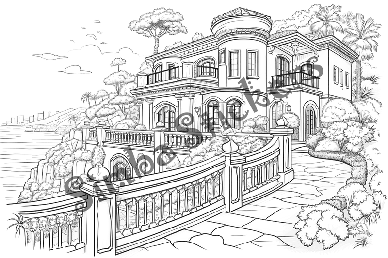 Colouring pages, bundle of houses overlooking the sea, 10 images