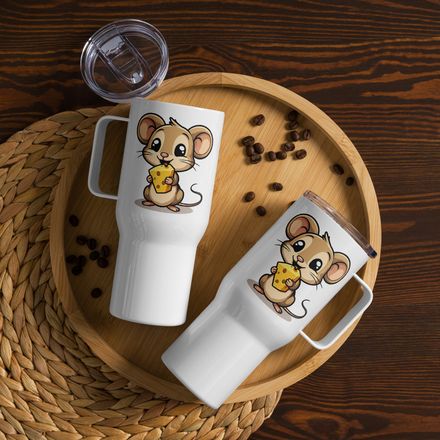 Travel Mug, Cattle, Small Mouse happily licking large chunk of cheese, pqapy6