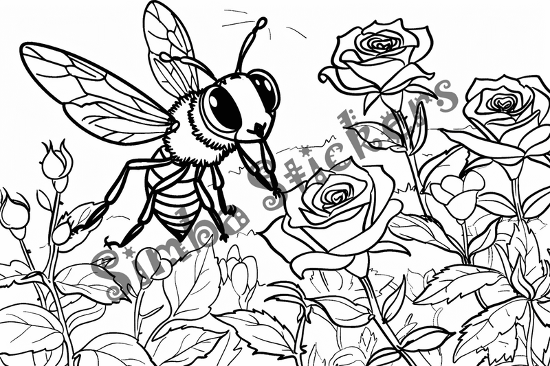 Colouring pages, bundle of bees around flowers, 10 images