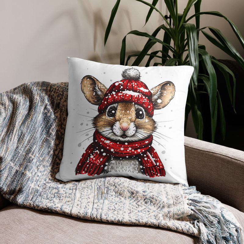 Pillow case 22x22, Mouse wearing red winter hat and scarf in the snow, xg8dl3