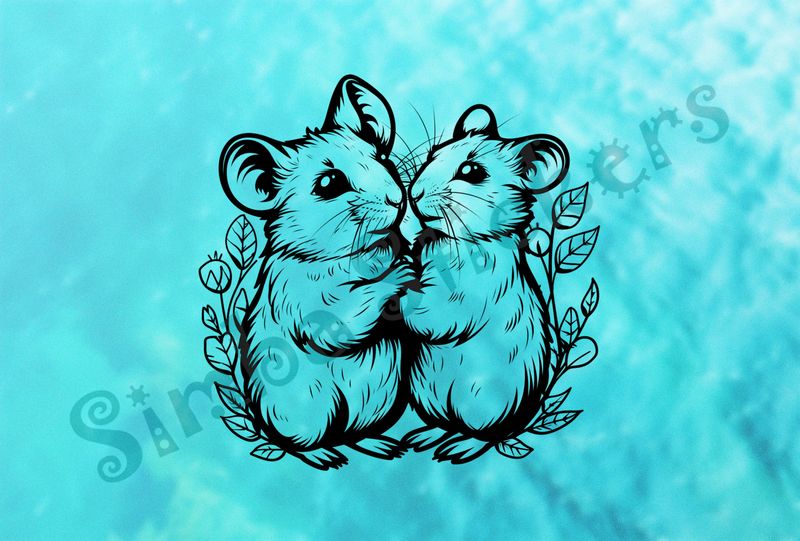 Mice in warm leafy embrace,  outline art