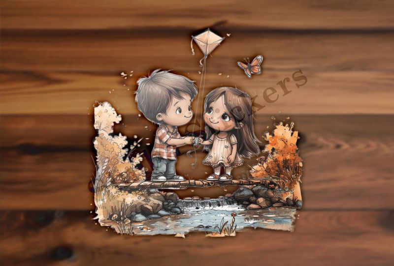 Boy and girl holding a kite on a bridge, watercolour