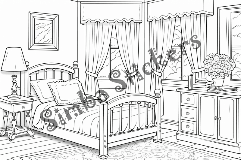 Colouring pages, bundle of house bedrooms, 25 images 2