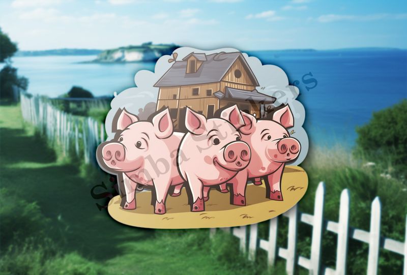 Three pigs in front of a wooden house