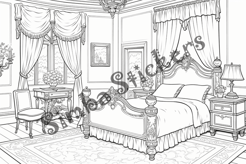 Colouring pages, bundle of house bedrooms, complex, 10 images